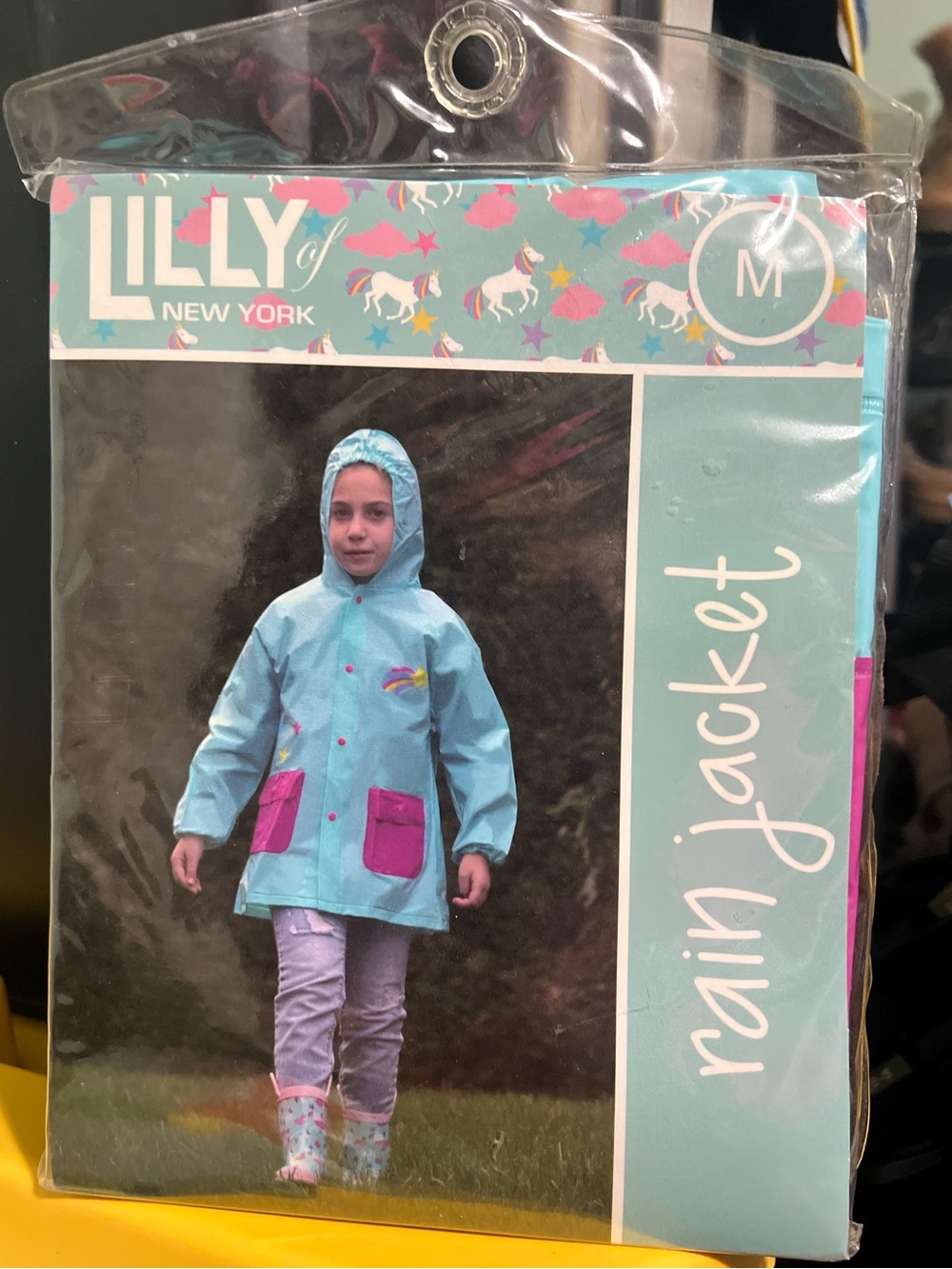 Milly of New York Light Blue Kids Hooded Rain Jacket w Pink Pockets, Unicorns, M
